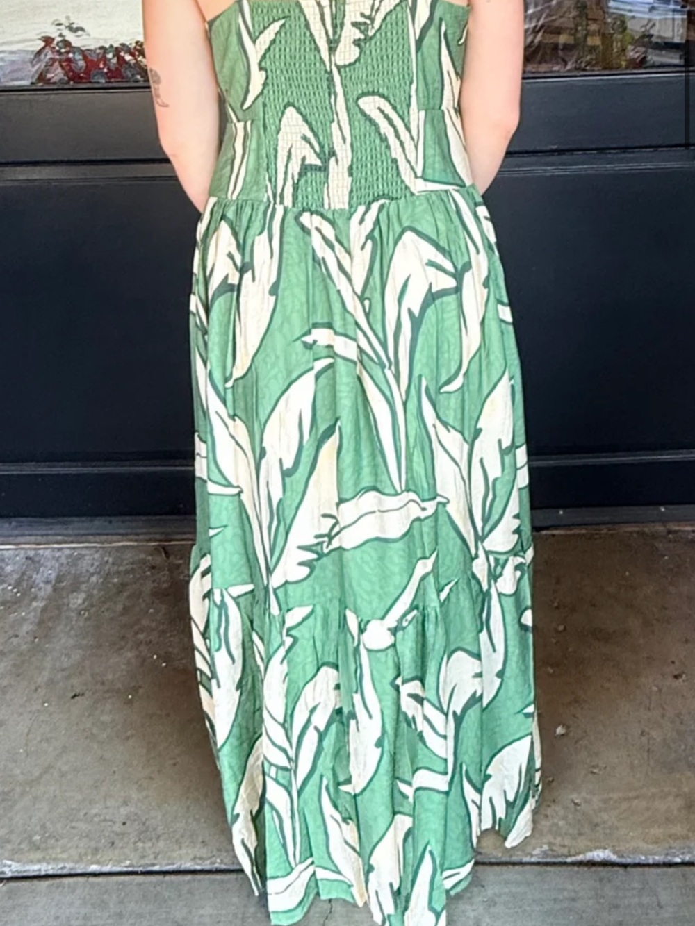 THML Green and Cream Tropical Strapless Maxi Dress